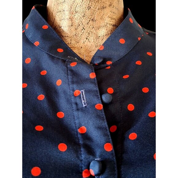Vtg Navy Blue Dress With Red Polka Dots Button Front Short Sleeves - Picture 6 of 15